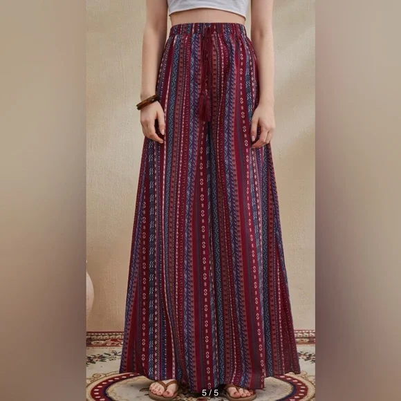 SHEIN Tall Boho Mixed Stripe Maroon Tassel Knot Waist Wide Leg Pant - Picture 4 of 9